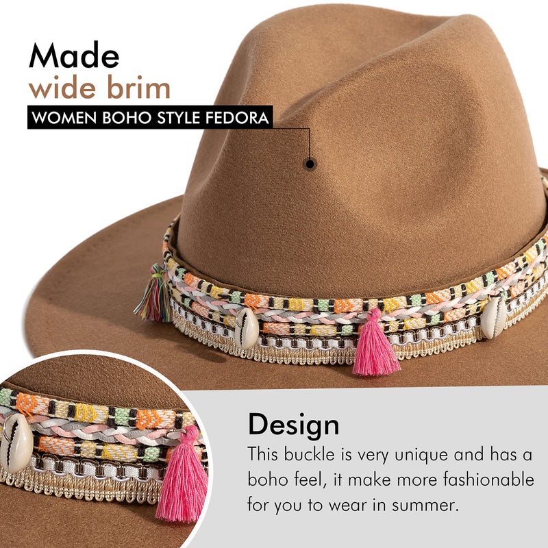 Gossifan Women's Felt Fedora Hat Wide Brim Panama Hats with Tassel-Khaki - Image 3